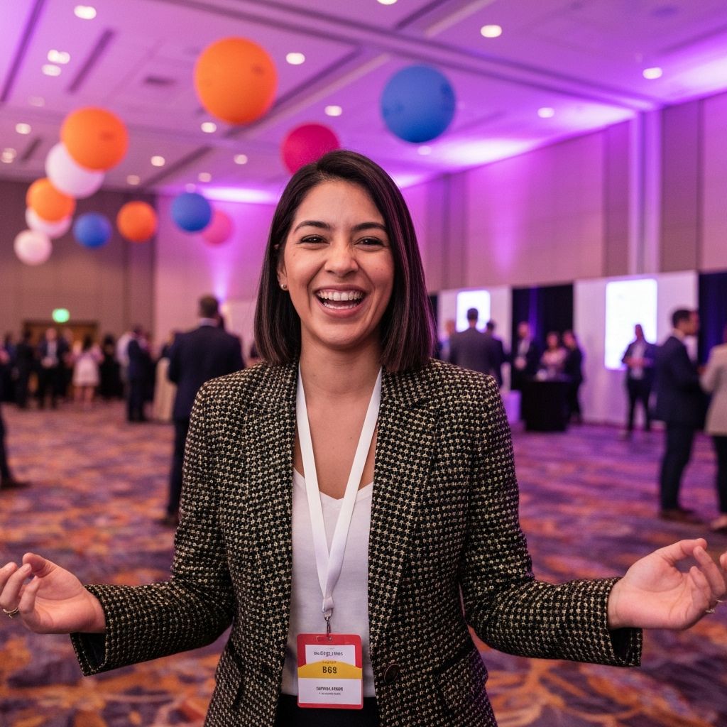 Happy event manager celebrating at a successful conference