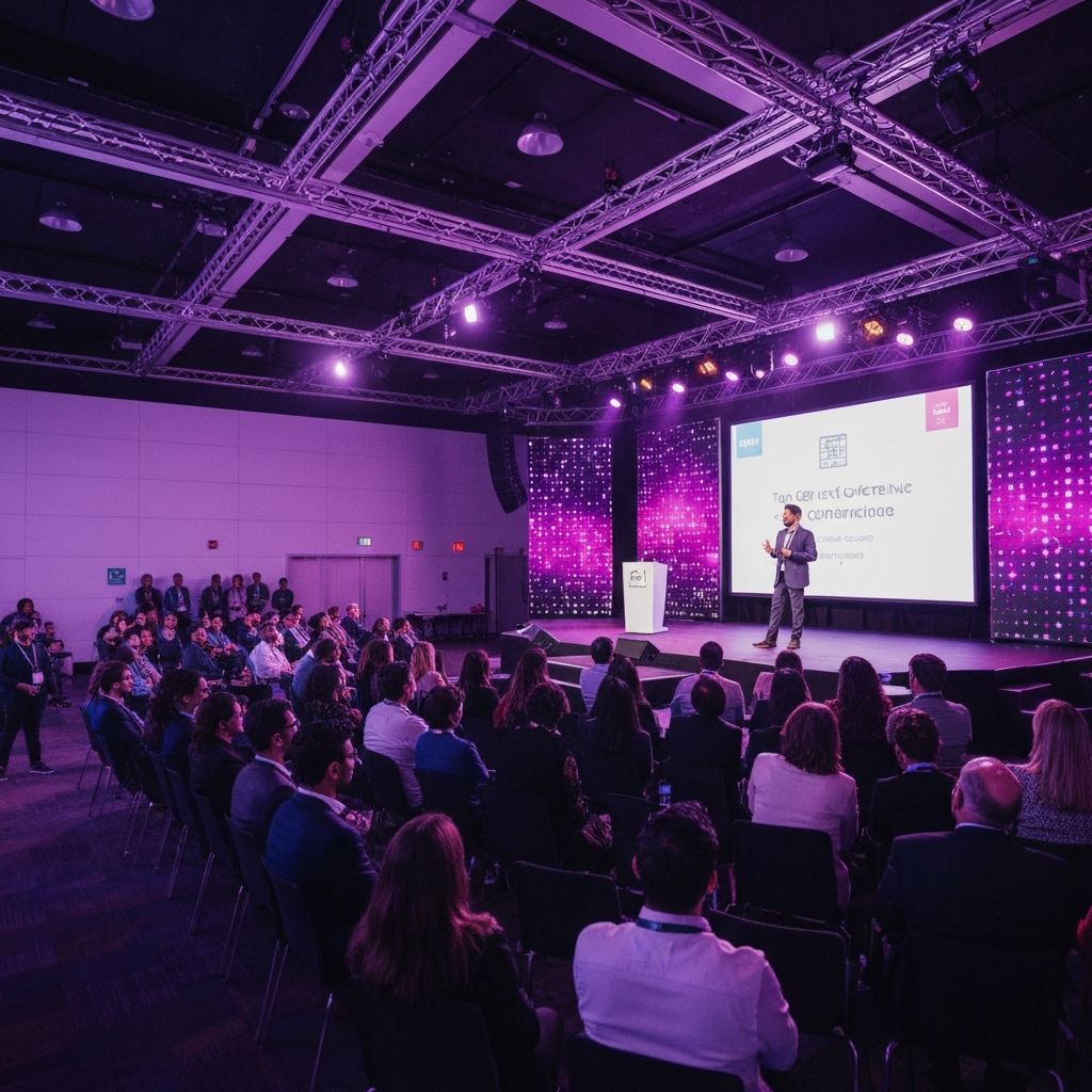 Vibrant tech conference with engaged audience and speaker on stage