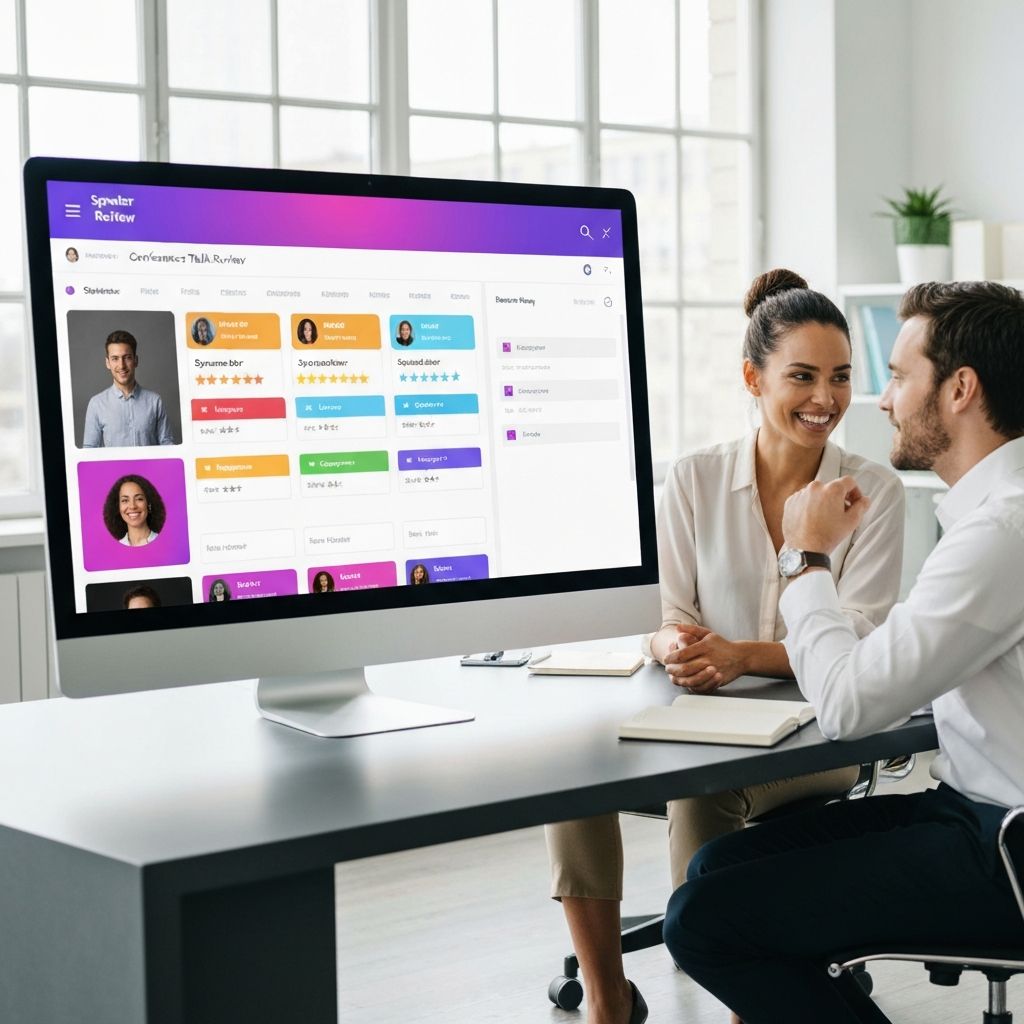 Talk review dashboard showing speaker cards with ratings